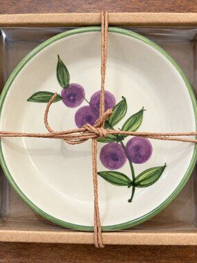 NIB Set of 2 Ceramic Olive Oil Dipping Dishes Boxed Fruit Botanical Set